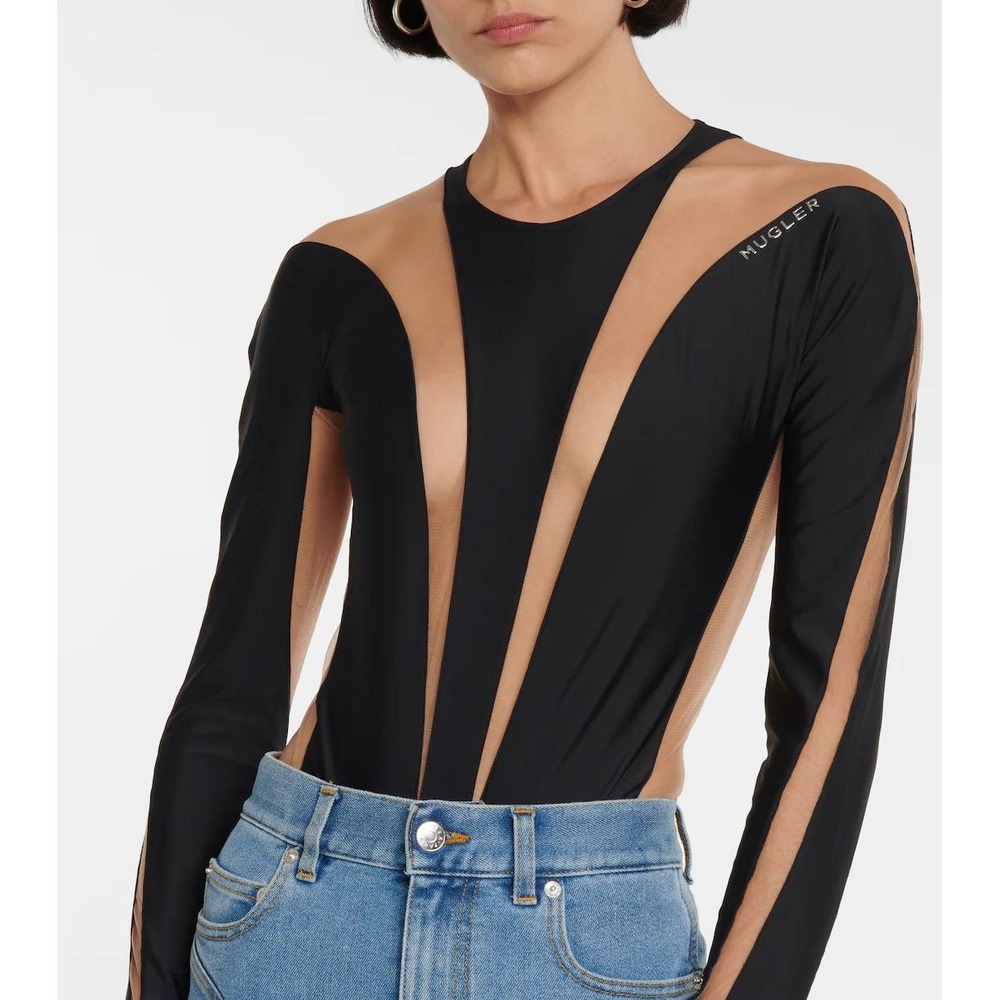 Mugler Bodysuit 44/M Womens Black Illusion Mesh Long Sleeve Avant-Garde Sexy Top